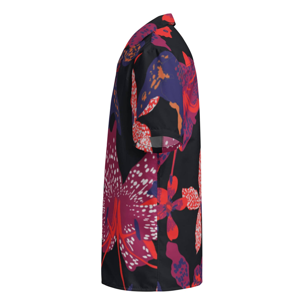 Black unisex short-sleeve button-up shirt, angled side view, multicolor flower print
