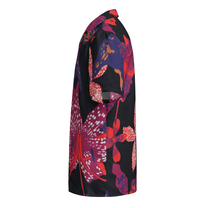 Black unisex short-sleeve button-up shirt, angled side view, multicolor flower print