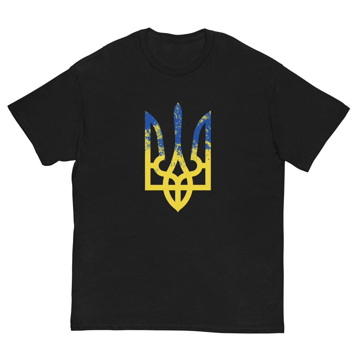 Black T-shirt with blue and yellow trident-style emblem graphic on chest