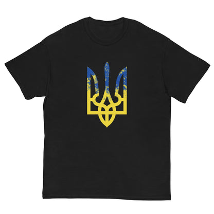 Black T-shirt with blue and yellow trident-style emblem graphic on chest