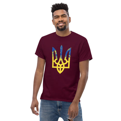 Maroon T-shirt with blue and yellow trident-style emblem graphic on chest