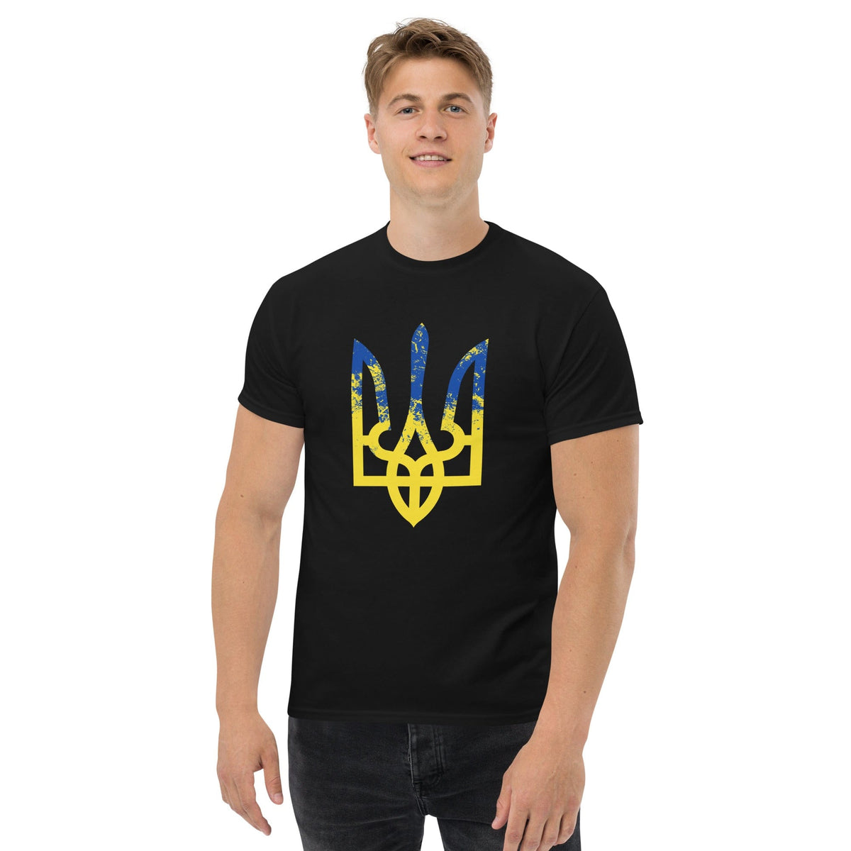 Black T-shirt with blue and yellow trident-style emblem graphic on chest