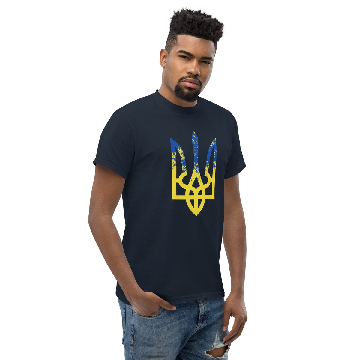 Navy T-shirt with blue and yellow trident-style emblem graphic on chest
