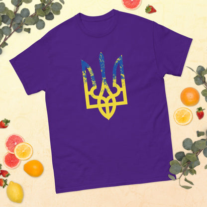 Purple T-shirt with blue and yellow trident-style emblem graphic centered