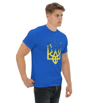 Royal blue T-shirt with blue and yellow trident-style emblem graphic on chest