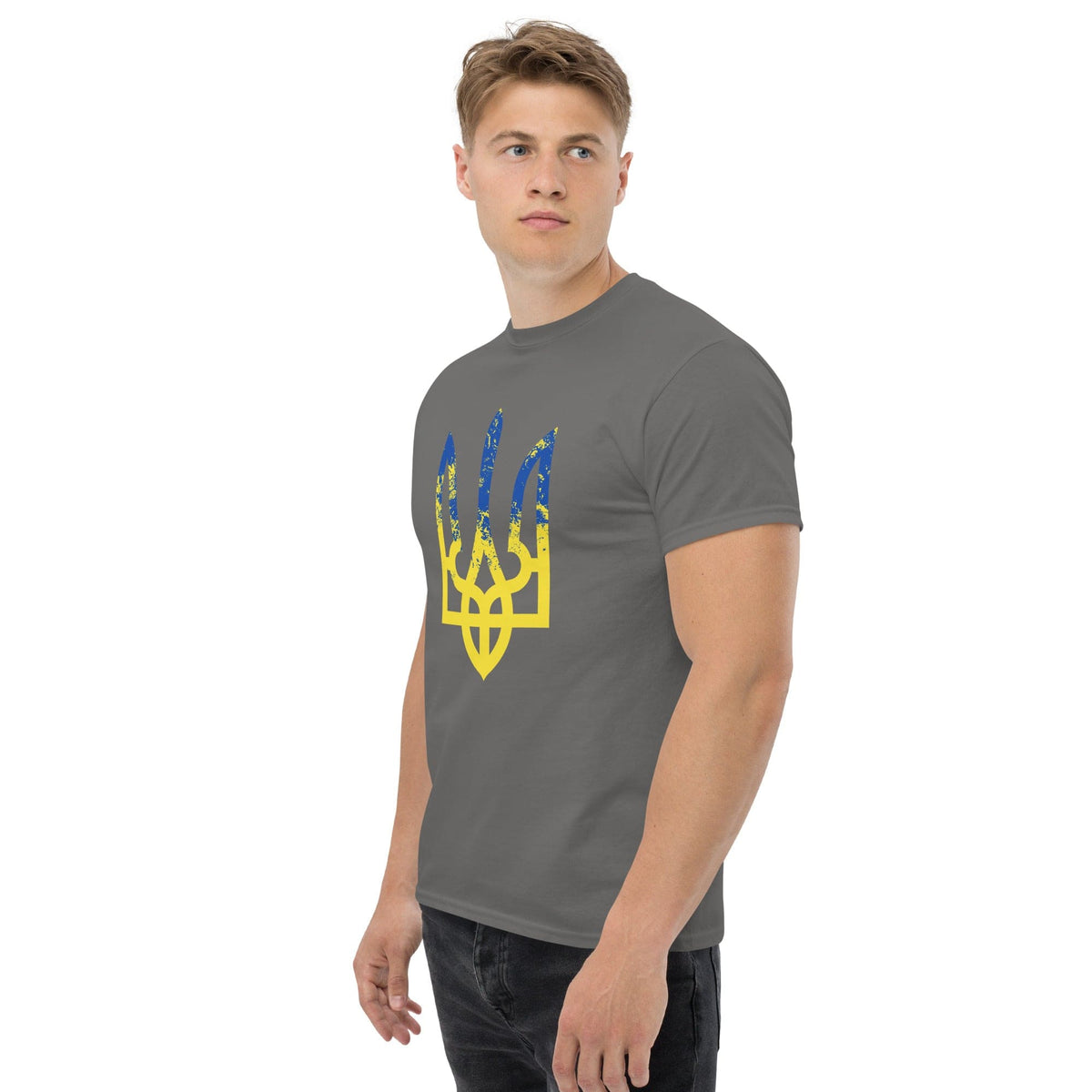 Charcoal gray T-shirt with blue and yellow trident-style emblem graphic on chest