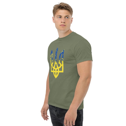 Olive green T-shirt with blue and yellow trident-style emblem graphic on chest