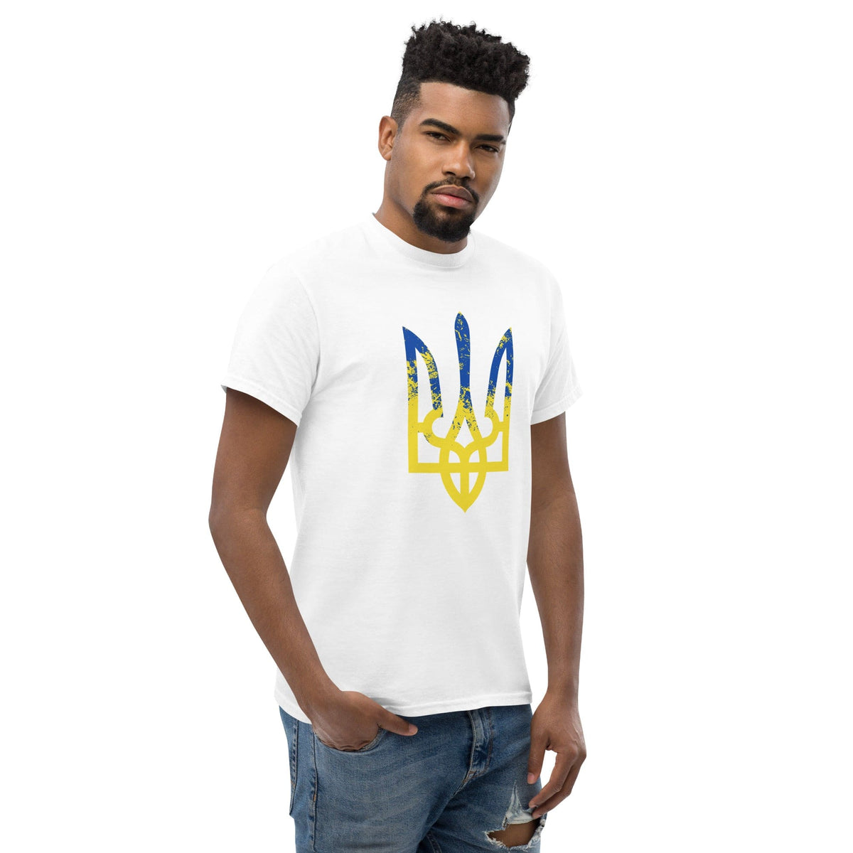 White T-shirt with blue and yellow trident-style emblem graphic on chest