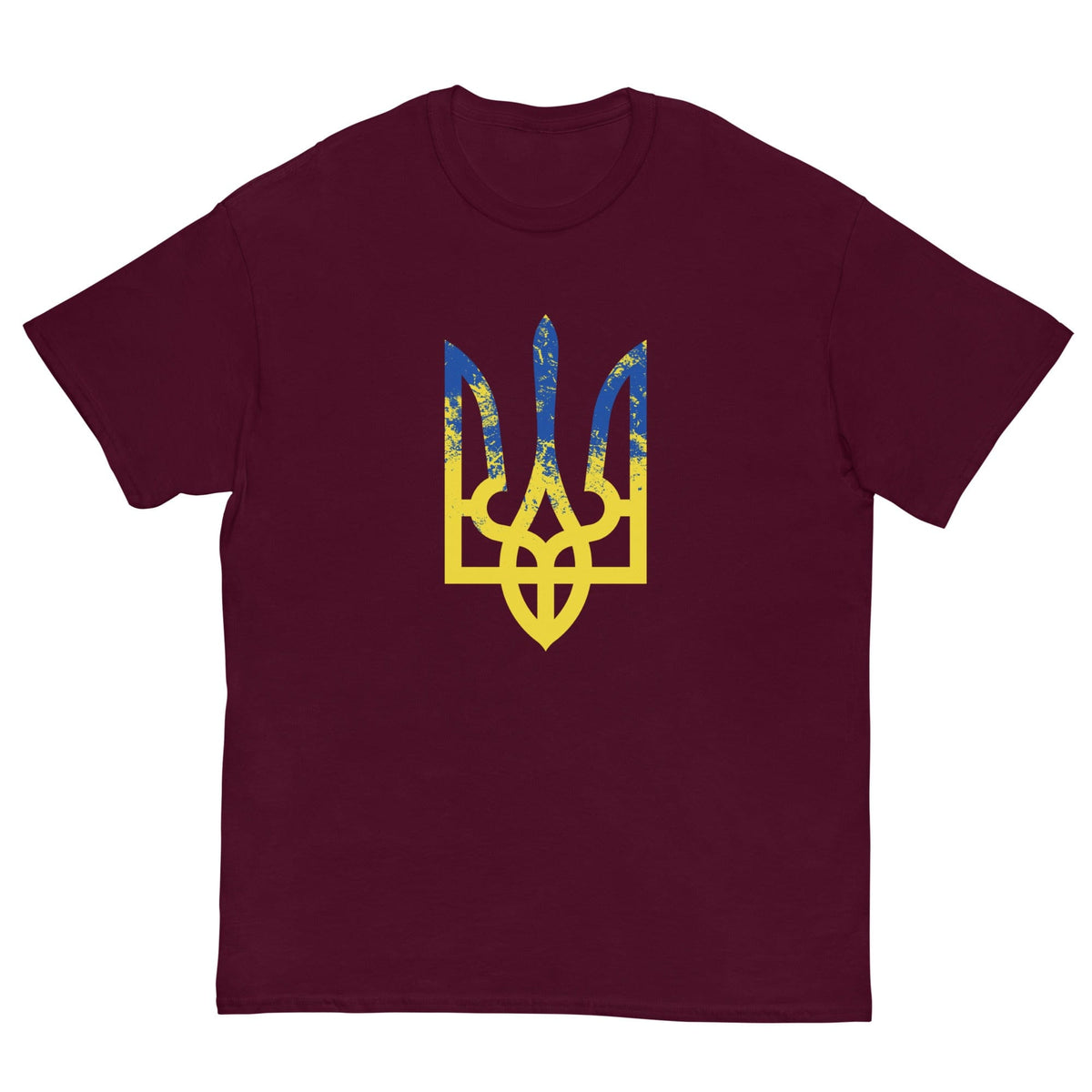 Maroon T-shirt with colorful trident emblem graphic on the chest