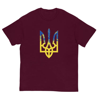 Maroon T-shirt with colorful trident emblem graphic on the chest