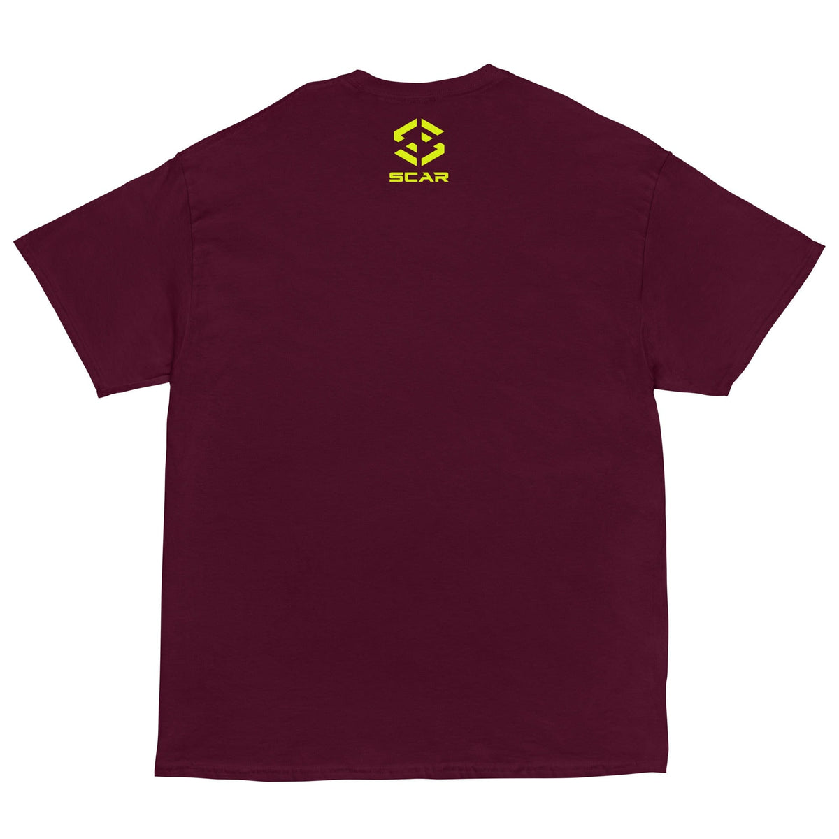 Maroon T-shirt with small SCAR logo graphic on the back neck area