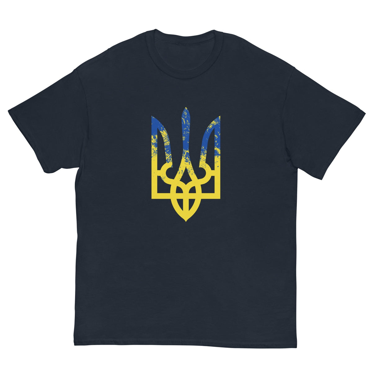 Navy T-shirt with colorful trident emblem graphic on the chest