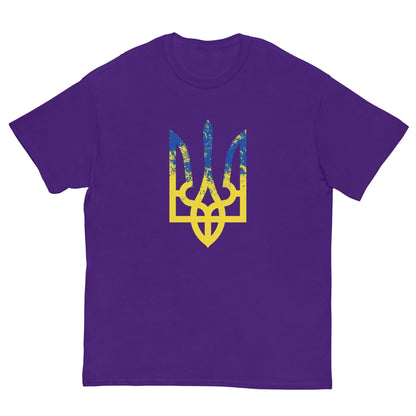 Purple T-shirt with colorful trident emblem graphic on the chest