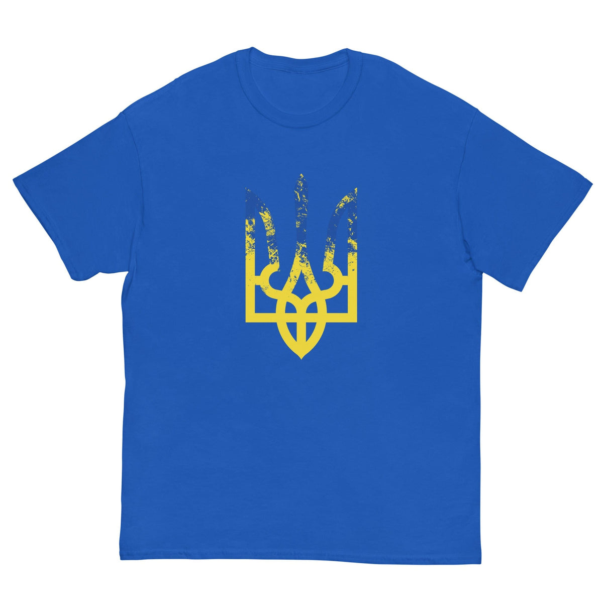 Royal blue T-shirt with colorful trident emblem graphic on the chest