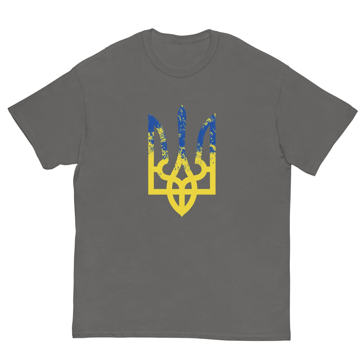 Charcoal T-shirt with colorful trident emblem graphic on the chest