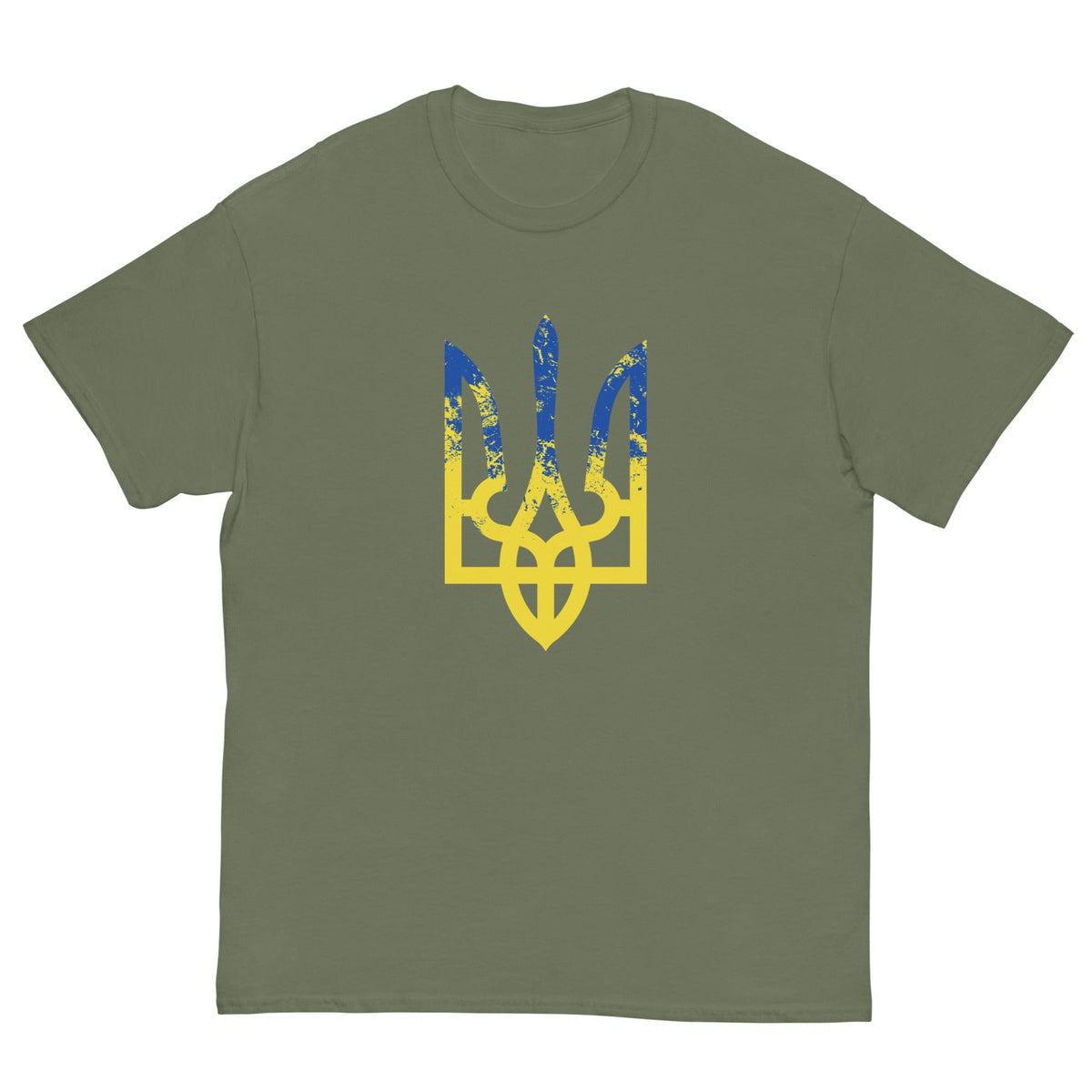 Military green T-shirt with colorful trident emblem graphic on the chest