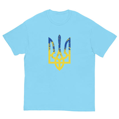 Sky blue T-shirt with colorful trident emblem graphic on the chest