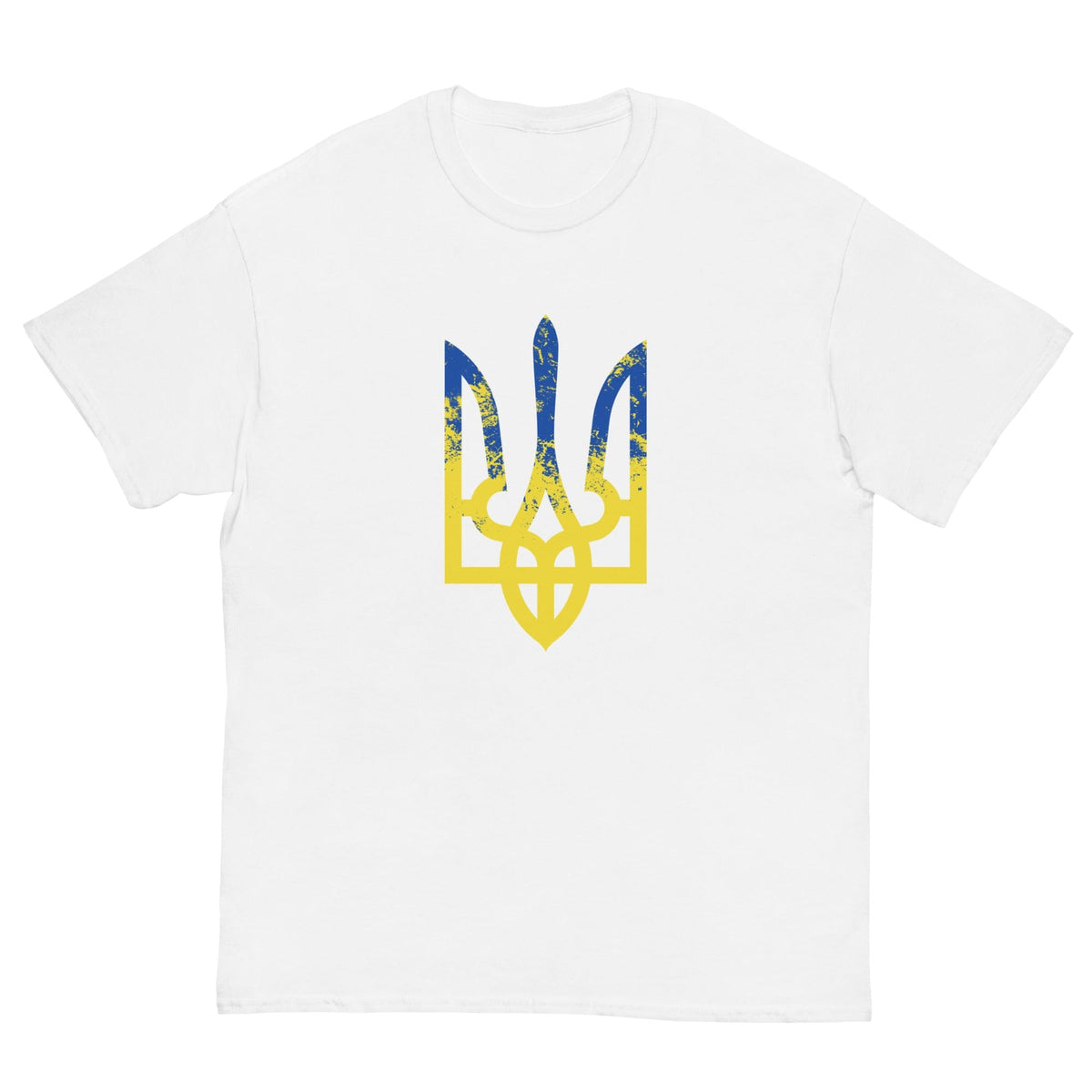 White T-shirt with colorful trident emblem graphic on the chest