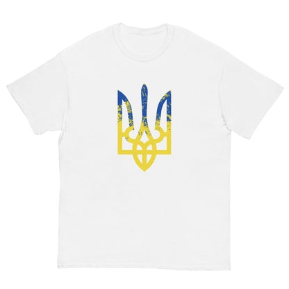White T-shirt with colorful trident emblem graphic on the chest