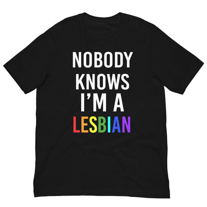 Black T-shirt with large white text and red “LESBIAN” graphic on chest