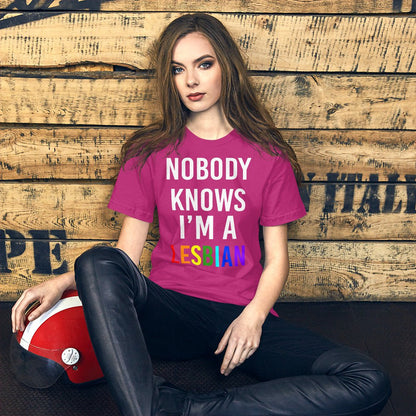 Berry T-shirt with white stacked slogan and red “LESBIAN” text graphic