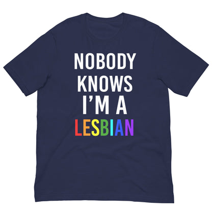 Navy T-shirt with large white text and red “LESBIAN” graphic on chest