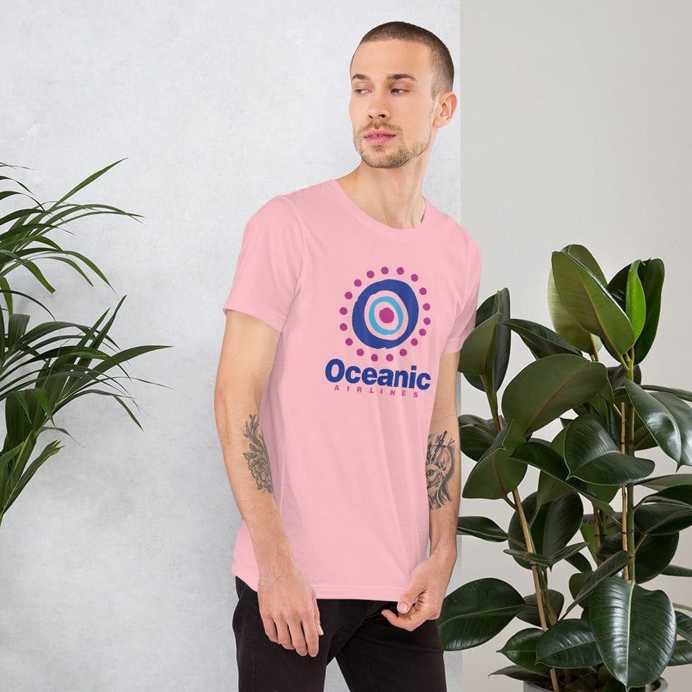 Pink T-shirt with circular target-style logo graphic on front