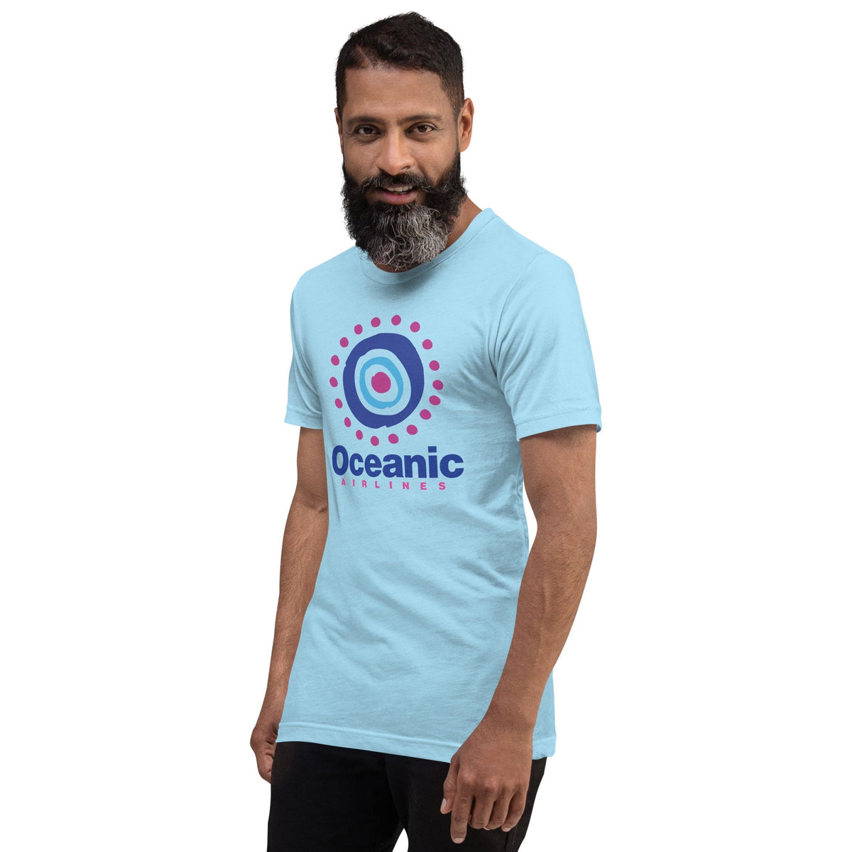 Light blue T-shirt with circular target-style logo graphic on front
