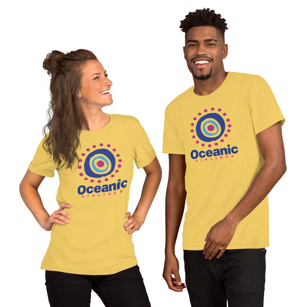 Yellow T-shirt with circular target-style logo graphic on front
