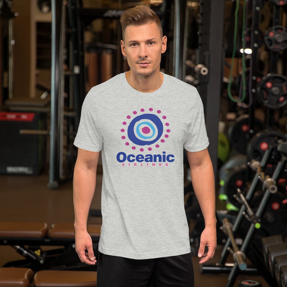 Heather gray T-shirt with circular target-style logo graphic on front