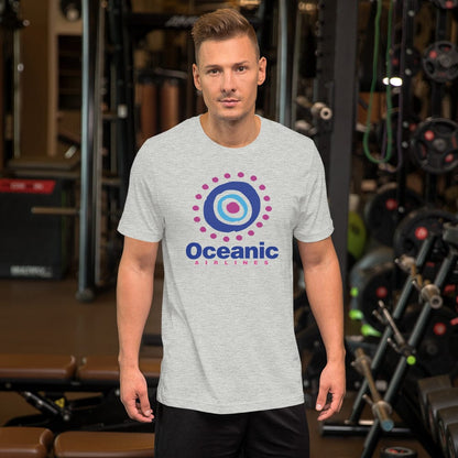 Heather gray T-shirt with circular target-style logo graphic on front