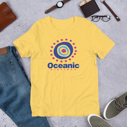 Yellow T-shirt with circular target-style logo graphic on front