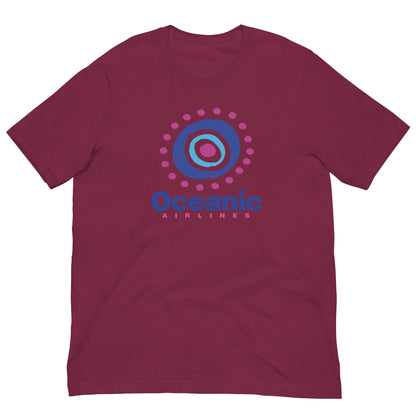 Maroon T-shirt with Oceanic Airlines circular target logo centered on the chest