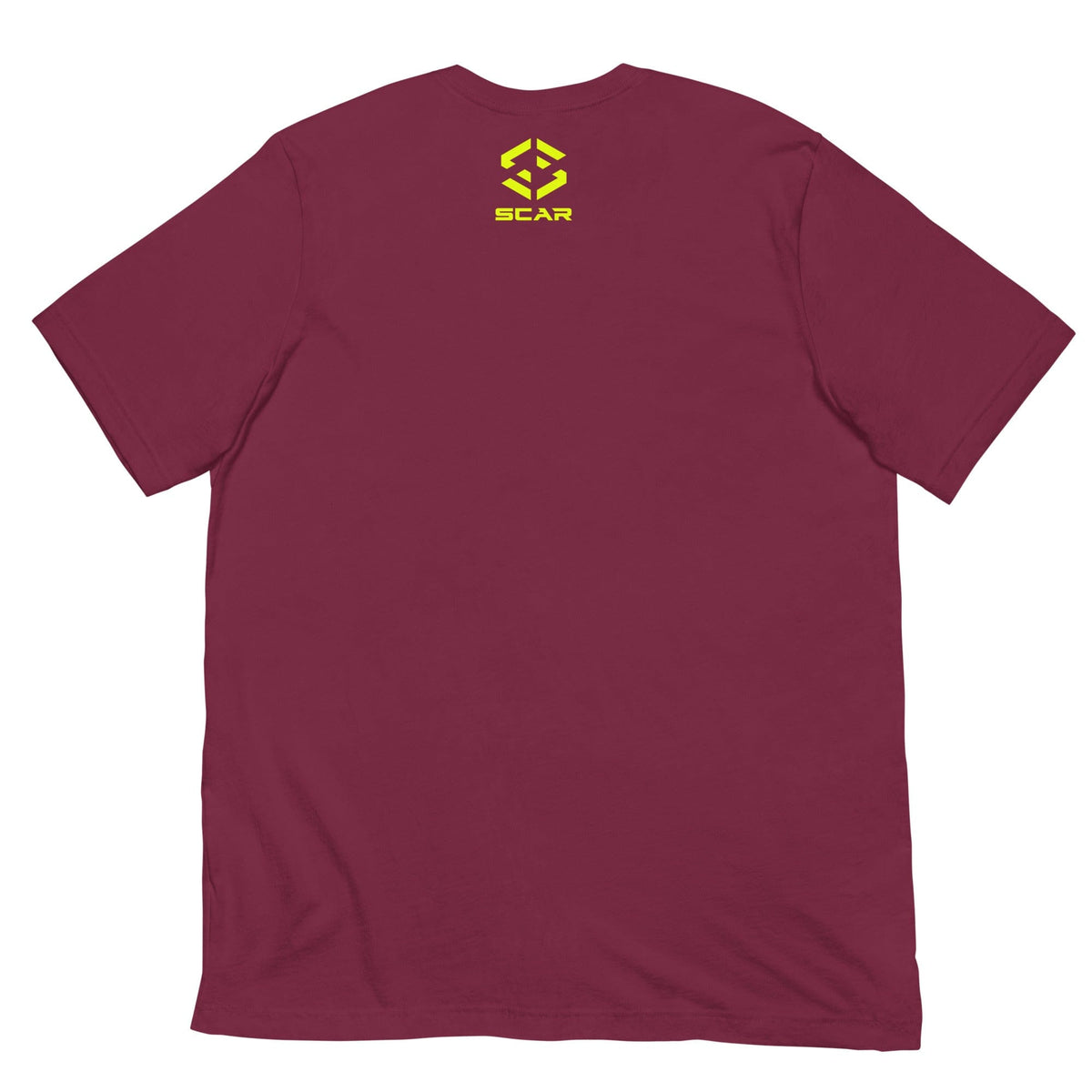 Maroon T-shirt with SCAR logo printed at the back of the neck