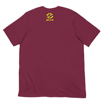 Maroon T-shirt with SCAR logo printed at the back of the neck