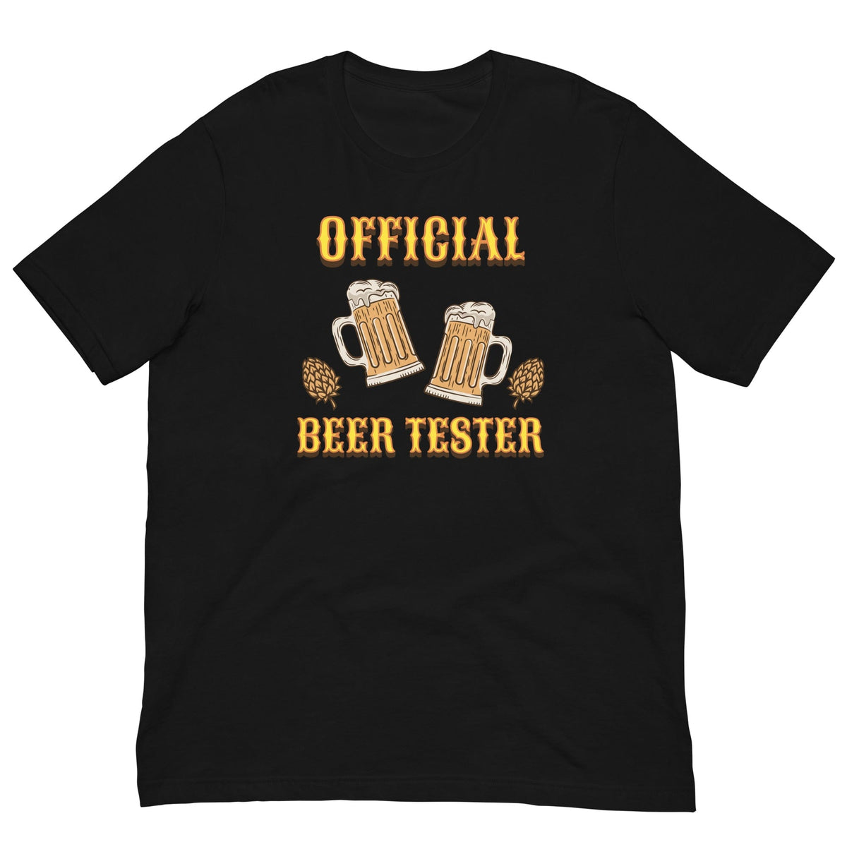 Black T-shirt with “OFFICIAL BEER TESTER” text and beer mug graphic on front
