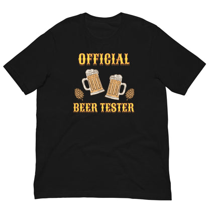Black T-shirt with “OFFICIAL BEER TESTER” text and beer mug graphic on front
