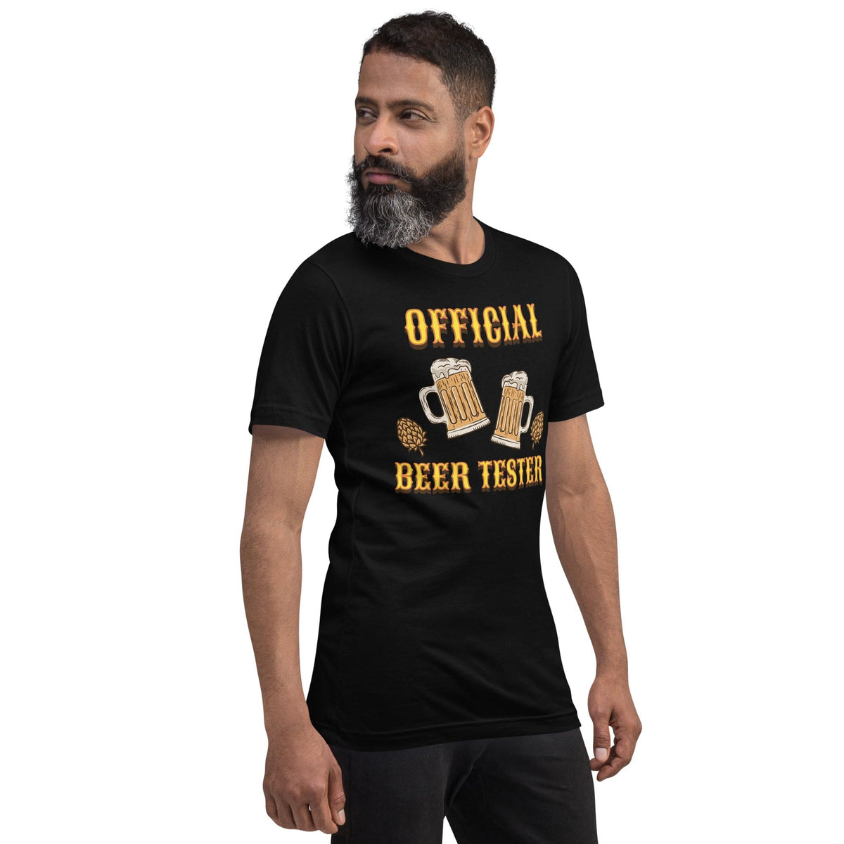 Black T-shirt worn by man with “OFFICIAL BEER TESTER” and beer mug logo on chest