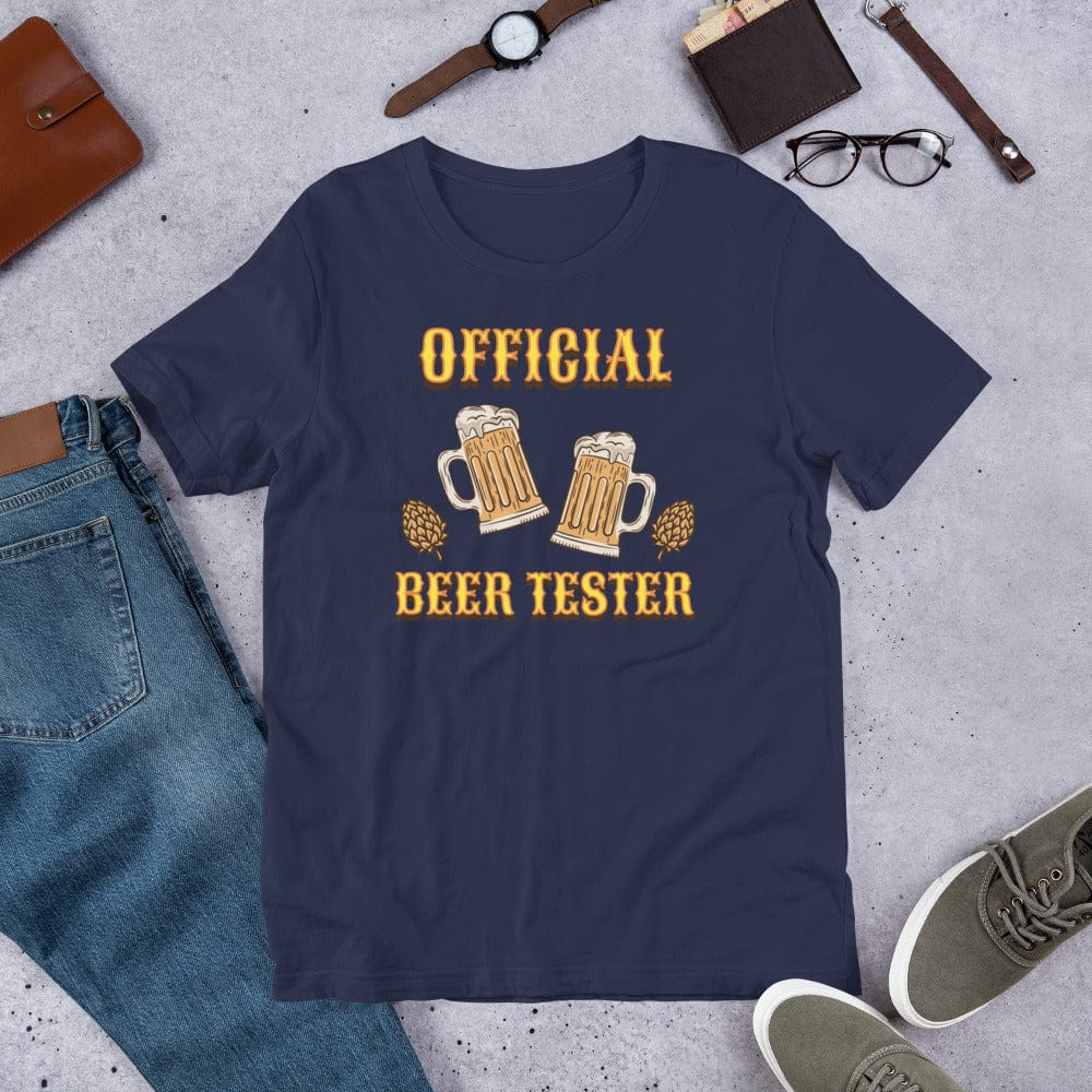 Navy T-shirt laid flat with “OFFICIAL BEER TESTER” and beer mug graphic centered
