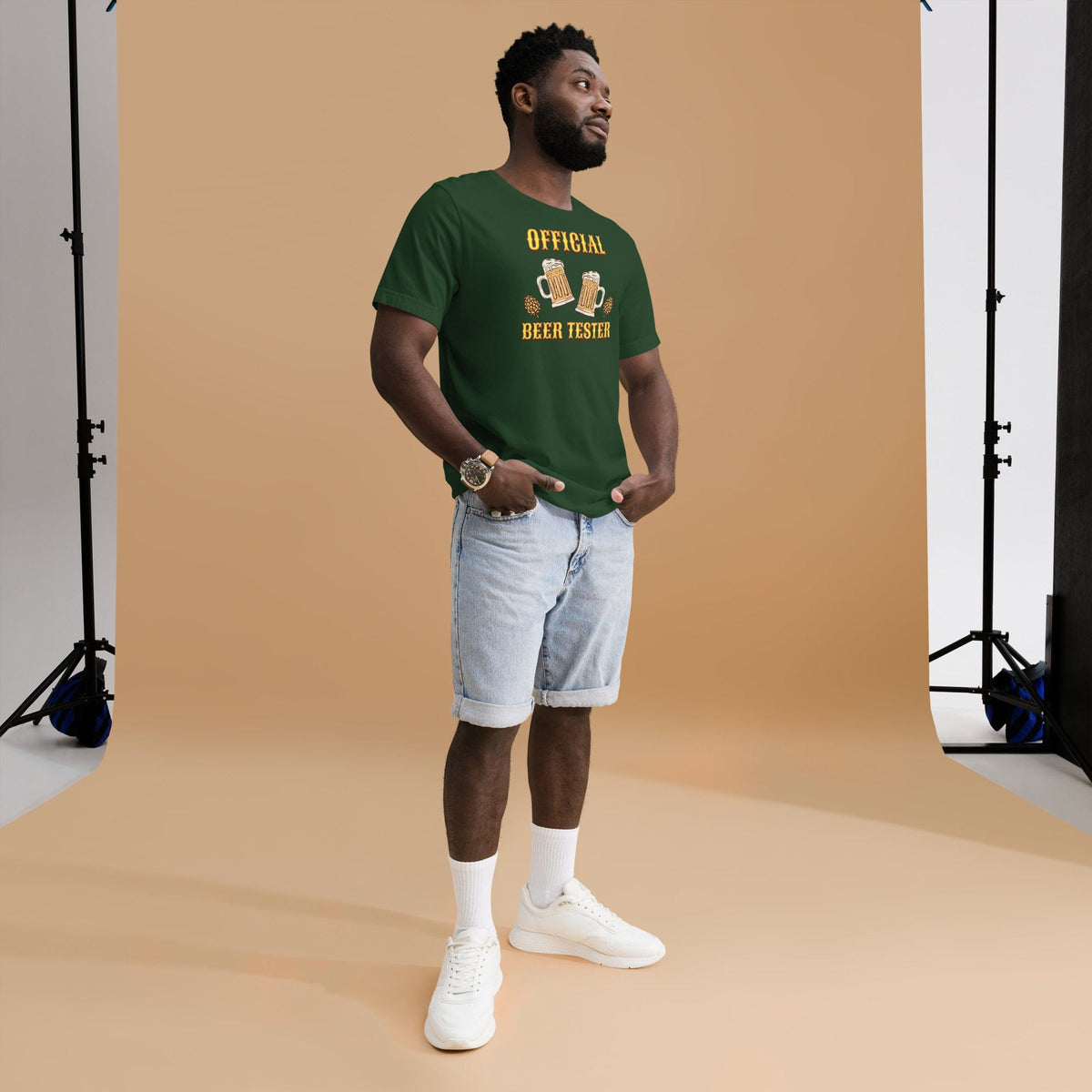 Green T-shirt with “OFFICIAL BEER TESTER” text and beer mug graphic on front
