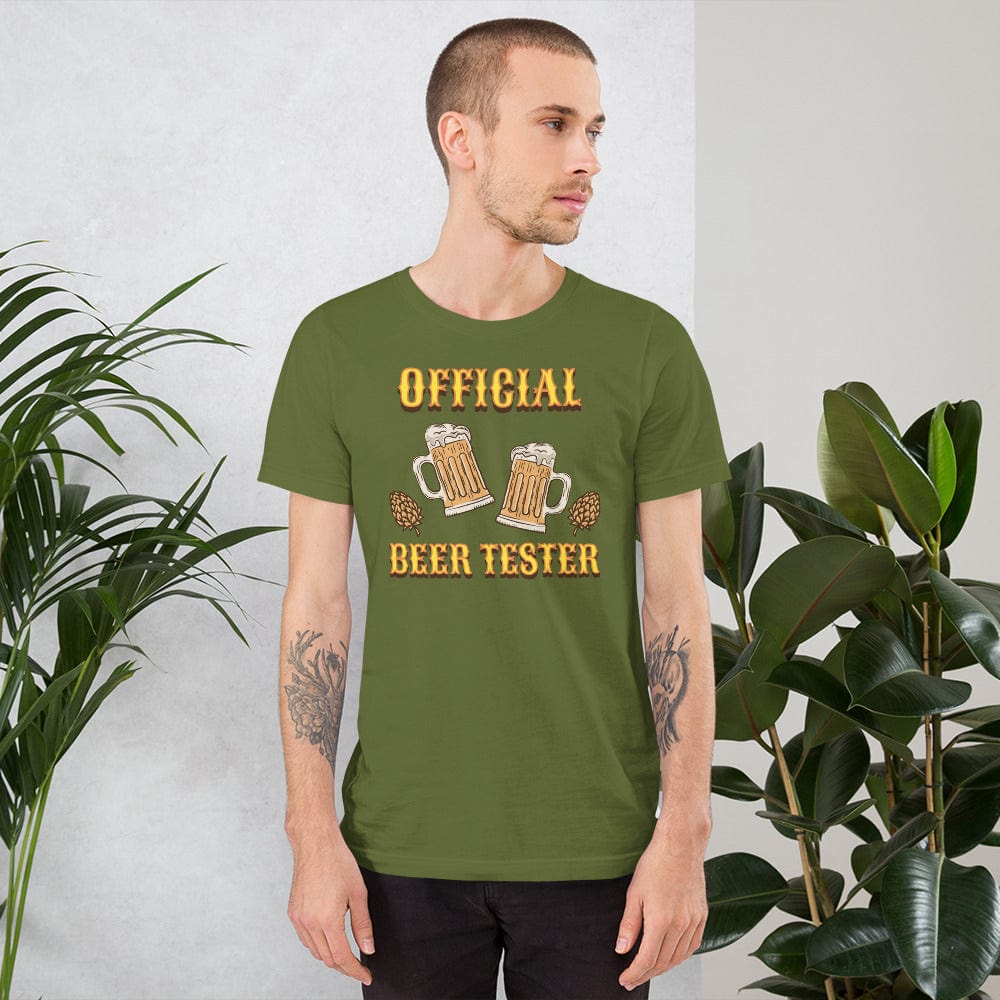 Olive green T-shirt with “OFFICIAL BEER TESTER” text and beer mug graphic