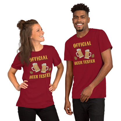 Red T-shirt with “OFFICIAL BEER TESTER” text and beer mugs graphic on front