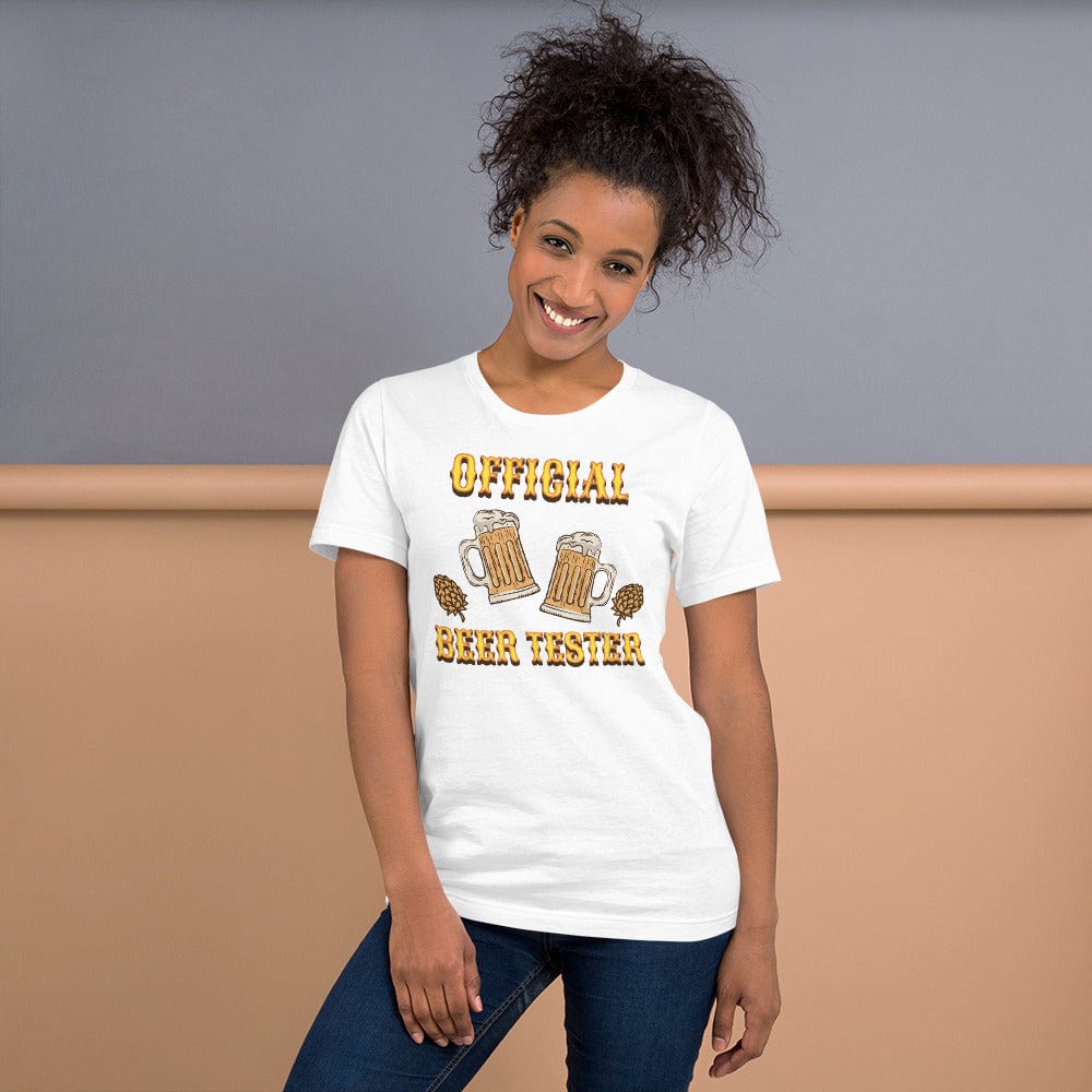 White T-shirt with “OFFICIAL BEER TESTER” lettering and beer mug graphic on chest