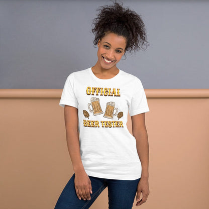White T-shirt with “OFFICIAL BEER TESTER” lettering and beer mug graphic on chest