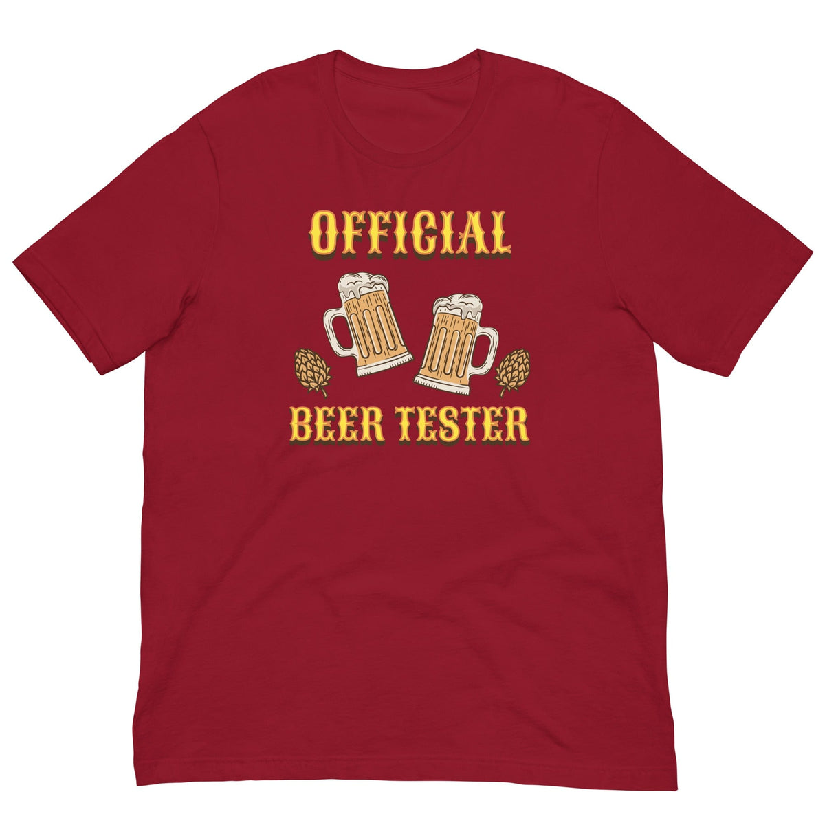 Red T-shirt with front “OFFICIAL BEER TESTER” beer mug graphic in yellow and cream.