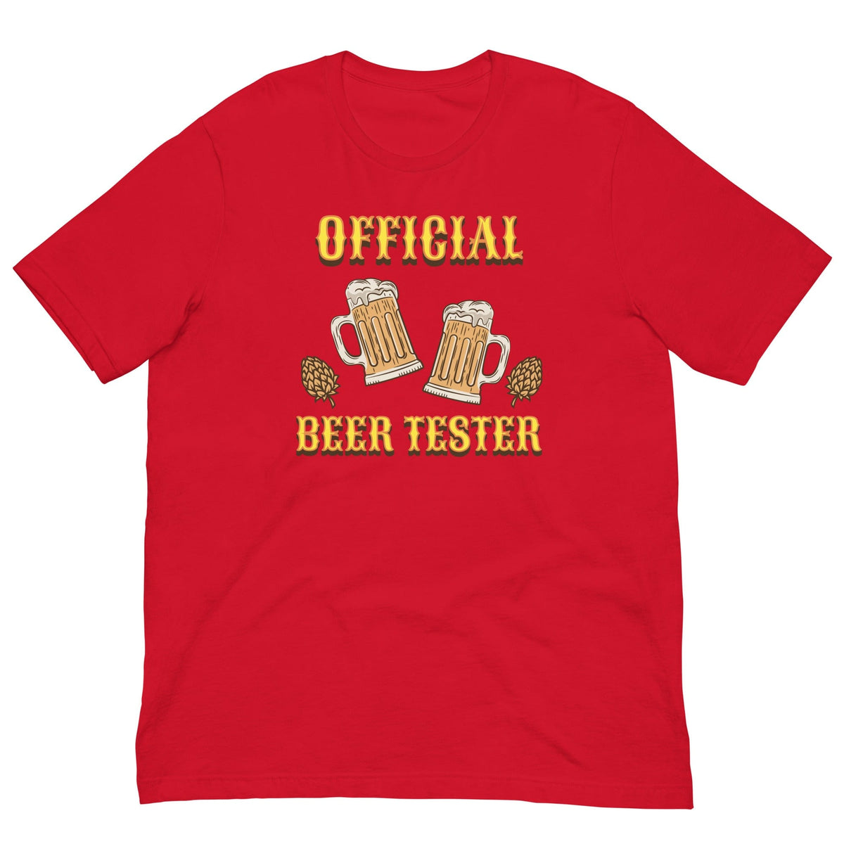 Red T-shirt with front “OFFICIAL BEER TESTER” beer mug graphic in yellow and cream.