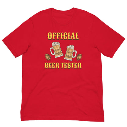 Red T-shirt with front “OFFICIAL BEER TESTER” beer mug graphic in yellow and cream.