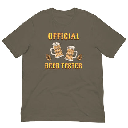 Olive T-shirt with front “OFFICIAL BEER TESTER” beer mug graphic in yellow and cream.