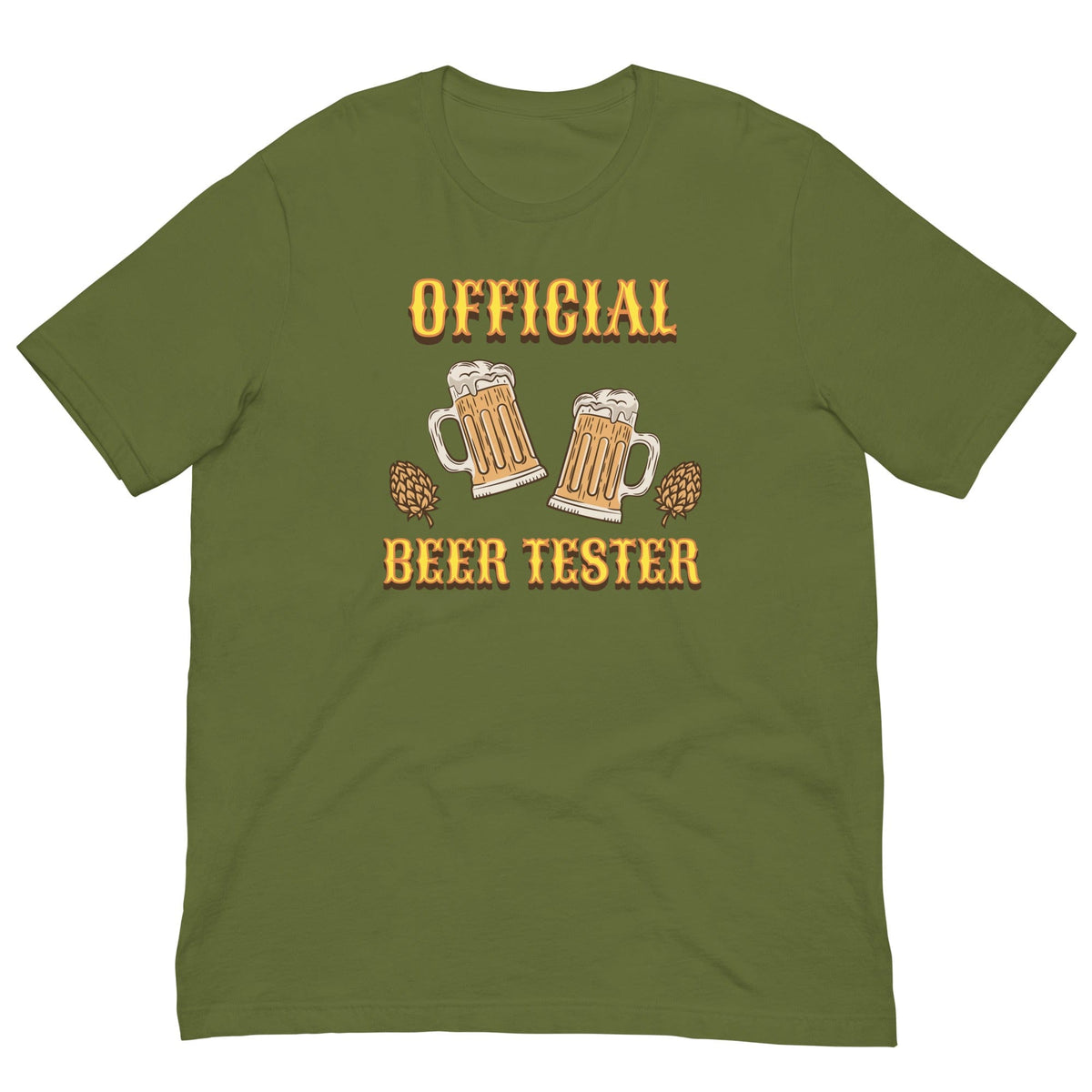 Olive green T-shirt with front “OFFICIAL BEER TESTER” beer mug graphic in yellow and cream.