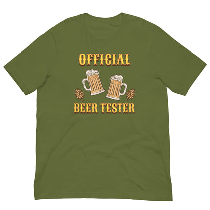 Olive green T-shirt with front “OFFICIAL BEER TESTER” beer mug graphic in yellow and cream.